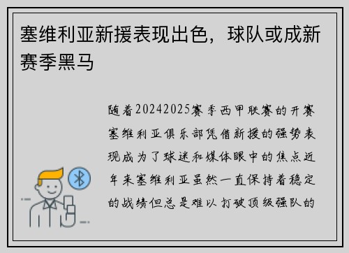 塞维利亚新援表现出色,球队或成新赛季黑马